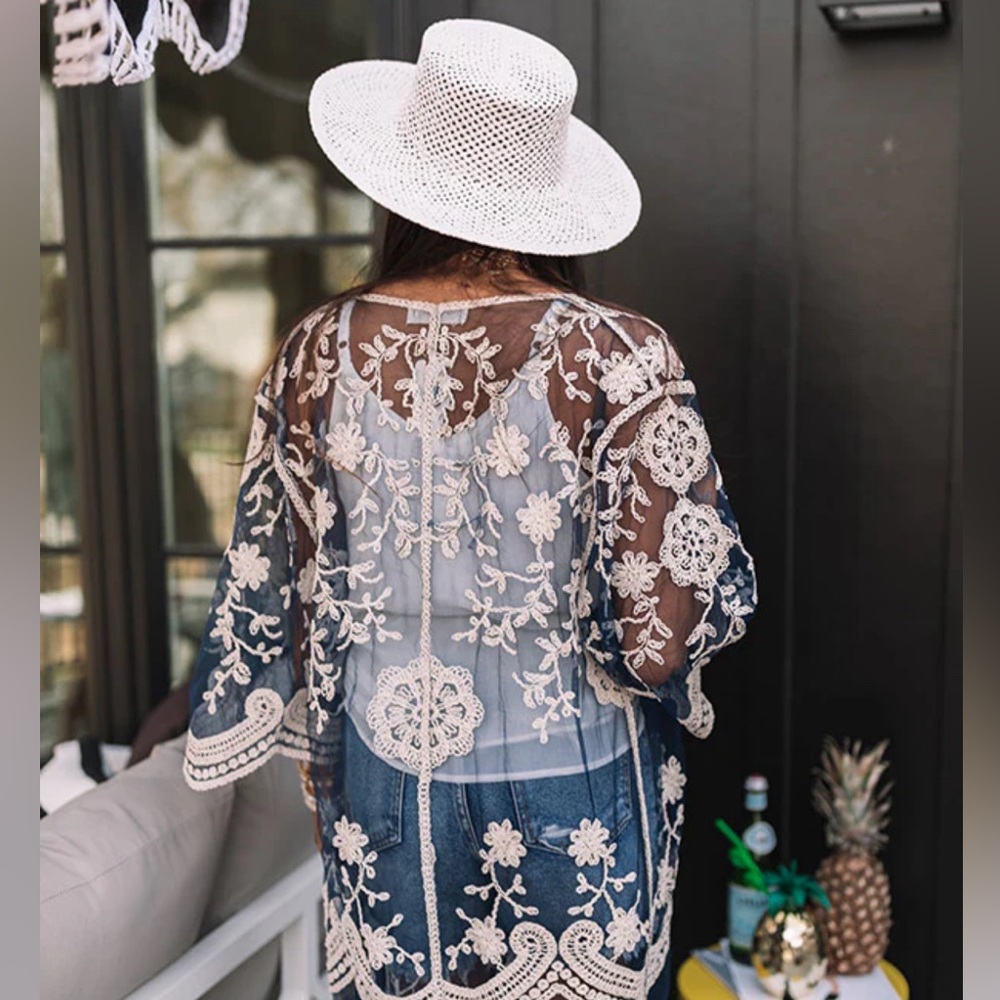 New Bohemian Embroidered Navy Blue Kimono Cardigan Cover-Up Top Jacket W…